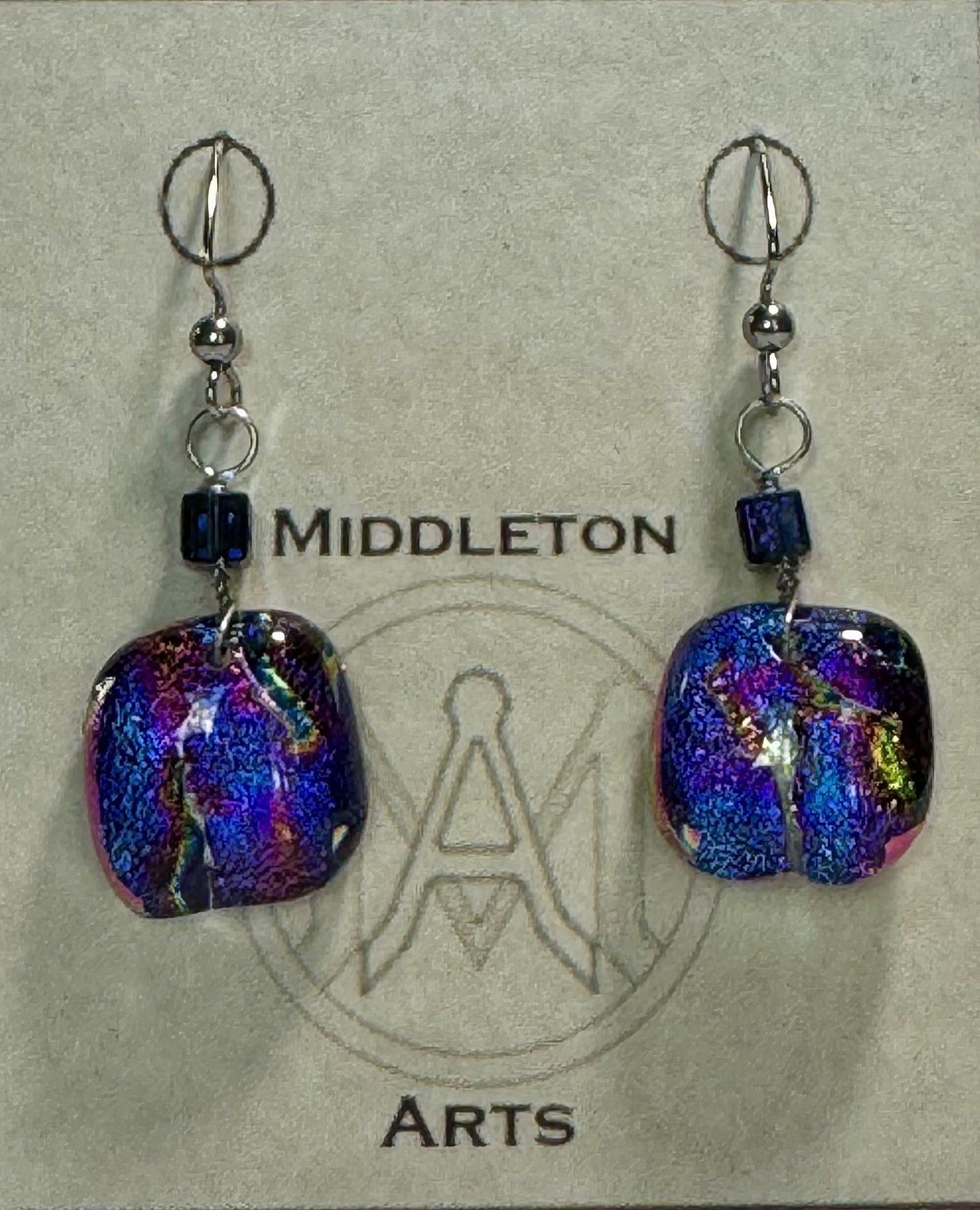 Fused Glass Earrings - small - square - blue/gold/purple with blue cube bead