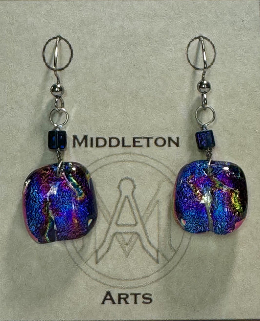 Fused Glass Earrings - small - square - blue/gold/purple with blue cube bead